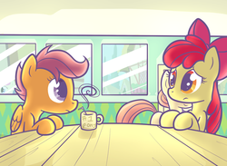 Size: 1280x939 | Tagged: dead source, safe, artist:spikedmauler, apple bloom, scootaloo, sweetie belle, earth pony, pegasus, pony, unicorn, g4, apple bloom's bow, best pony, bow, cutie mark crusaders, female, filly, foal, hair bow, mug, straw, table, window