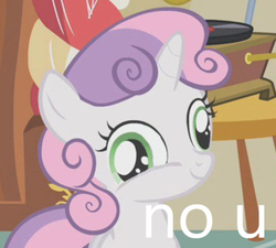 Size: 353x317 | Tagged: safe, edit, screencap, sweetie belle, g4, derp, female, looking at you, no u, reaction image, smiling, solo, text edit