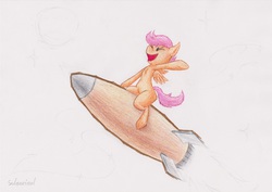 Size: 3498x2473 | Tagged: safe, artist:subscrewedup, scootaloo, g4, colored, colored sketch, female, flying, high res, request, rocket, sketch, solo, space, traditional art, wip