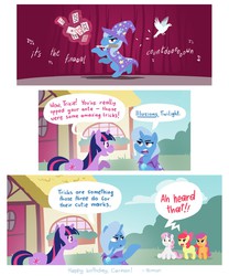 Size: 1050x1259 | Tagged: safe, artist:simondrawsstuff, artist:simonwl, apple bloom, scootaloo, sweetie belle, trixie, twilight sparkle, g4, arrested development, comic, cutie mark crusaders, europe, europe (band), final countdown (song), stage
