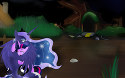 Size: 1024x640 | Tagged: safe, artist:cwossie, princess luna, twilight sparkle, alicorn, pony, g4, book, crying, destruction, female, four-limbed hug, golden oaks library, hug, library, mare, ponyville, sad, twilight sparkle (alicorn), winghug