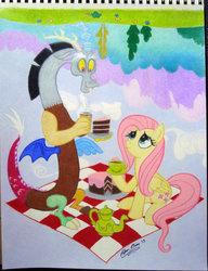 Size: 1024x1335 | Tagged: safe, artist:clayinthecarpet, discord, fluttershy, g4, cake, picnic, tea, tea party, teapot, traditional art, upside down