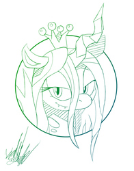 Size: 706x900 | Tagged: safe, artist:fuzon-s, queen chrysalis, changeling, changeling queen, g4, bedroom eyes, fangs, female, gradient lineart, looking at you, monochrome, portrait, sketch, smiling, smirk, solo