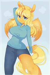 Size: 900x1351 | Tagged: safe, artist:coffeechicken, oc, oc only, oc:ticket, alicorn, anthro, alicorn oc, anthro oc, solo, titcket