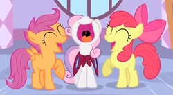 Size: 518x284 | Tagged: safe, screencap, apple bloom, scootaloo, sweetie belle, earth pony, pegasus, pony, unicorn, g4, cute, cutie mark crusaders, eyes closed, faic, female, filly, mawshot, nose in the air, open mouth, raised hoof, smiling, uvula, volumetric mouth