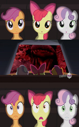 Size: 1777x2866 | Tagged: safe, apple bloom, scootaloo, sweetie belle, dinosaur, g4, cinema, cutie mark crusaders, exploitable meme, meme, movie theater meme