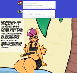 Size: 1280x1218 | Tagged: safe, artist:somescrub, scootaloo, anthro, ask nudist sweetie belle, g4, baton, belly button, female, glasses, looking at you, midriff, sitting, smiling, solo, tree