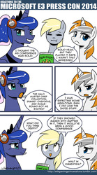 Size: 600x1077 | Tagged: safe, artist:johnjoseco, derpy hooves, princess luna, oc, oc:belle eve, pegasus, pony, ask gaming princess luna, g4, belle eve, comic, cute, derpabetes, e3, female, lunabetes, mare, microsoft, ocbetes, ponified, that pony sure does love muffins, tumblr