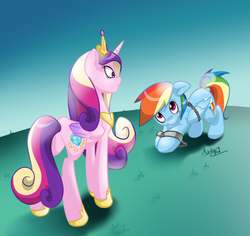 Size: 1059x1001 | Tagged: safe, artist:minty-red, princess cadance, rainbow dash, alicorn, pegasus, pony, g4, arrested, bondage, bondage cuffs, bondage gear, bound wings, chains, crown, cuffs, duo, duo female, eye contact, female, floppy ears, frown, gritted teeth, jewelry, looking at each other, looking down, looking up, mare, nervous, prisoner rd, regalia, shackles, signature