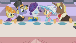 Size: 640x360 | Tagged: safe, screencap, chocolate sun, earl grey, ponet, primrose, pristine, rarity, swan song, pony, g4, sweet and elite, animated, becoming popular, canterlot, choice, close-up, clothes, confident, dress, food, hors d'oeuvre, rarity looking at food, singing, song, table, waiter