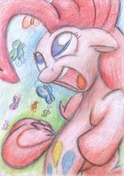 Size: 1225x1745 | Tagged: safe, artist:aemuhn, pinkie pie, butterfly, g4, colored pencil drawing, female, happy, looking up, open mouth, solo, traditional art
