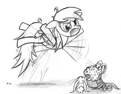 Size: 1016x787 | Tagged: safe, artist:uminanimu, angel bunny, derpy hooves, g4, monochrome, muffin