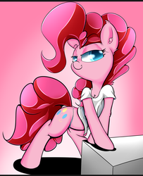 Size: 1280x1575 | Tagged: safe, artist:madacon, pinkie pie, earth pony, pony, g4, bedroom eyes, chest fluff, clothes, colored pupils, cute, diapinkes, ear fluff, female, human shoulders, leg fluff, panties, shirt, solo, thong, underwear