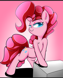Size: 1280x1575 | Tagged: safe, artist:madacon, pinkie pie, earth pony, pony, g4, bedroom eyes, chest fluff, female, human shoulders, solo, sultry pose