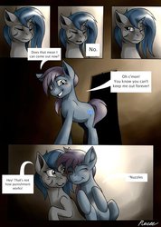 Size: 753x1060 | Tagged: safe, artist:whitepone, oc, oc only, oc:homage, oc:jokeblue, earth pony, pony, unicorn, comic:blue moon, fallout equestria, blushing, comic, cutie mark, eyes closed, fanfic, fanfic art, female, hooves, horn, mare, one eye closed, smiling, teeth