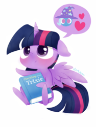 Size: 768x1024 | Tagged: safe, artist:doqwor, trixie, twilight sparkle, alicorn, pony, g4, blushing, book, chibi, cute, female, floppy ears, frown, heart, implied shipping, lesbian, looking up, mare, ship:twixie, shipping, sitting, speech bubble, spread wings, twilight sparkle (alicorn), weapons-grade cute