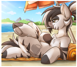 Size: 1600x1400 | Tagged: safe, artist:rainbowscreen, oc, oc only, oc:kinky beer, zebra, semi-anthro, beach, chest fluff, solo, underhoof