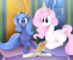Size: 1024x844 | Tagged: safe, artist:celestial-voyager, princess celestia, princess luna, g4, journal of the two sisters, book, castle of the royal pony sisters, cute, happy, journal, levitation, magic, open mouth, pillow, pink-mane celestia, prone, quill, s1 luna, sitting, smiling, telekinesis, writing, younger
