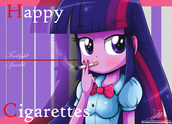 Size: 1333x959 | Tagged: safe, artist:the-butch-x, twilight sparkle, equestria girls, g4, arms, bad habit, blouse, bowtie, breasts, bust, cigarette, clothes, derpibooru discusses the health issues of drugs, discussion in the comments, female, fingernails, fingers, hand, holding, long hair, nail polish, narrowed eyes, painted nails, puffy sleeves, purple eyes, purple hair, smoking, solo, standing, teenager