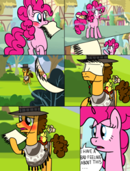 Size: 1024x1347 | Tagged: dead source, safe, artist:jollyjoltik, boneless, boneless 2, cheese sandwich, pinkie pie, earth pony, pony, g4, blushing, comic, cute, female, heartwarming in hindsight, hoof hold, male, mare, mouth hold, page, paper, ponyville, ship:cheesepie, shipping, straight