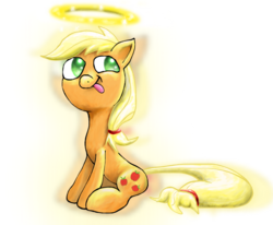 Size: 729x600 | Tagged: safe, artist:bdgs, applejack, earth pony, pony, g4, female, halo, silly, silly pony, sitting, solo, tongue out