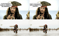 Size: 1654x1024 | Tagged: safe, human, exploitable meme, fanfic, implied rainbow dash, jack sparrow, meme, no pony, pirates of the caribbean, running, speech bubble, unpopular opinion sparrow