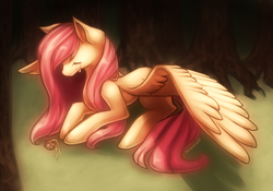 Size: 750x526 | Tagged: safe, artist:peachykat, fluttershy, g4, crying, eyes closed, female, lying, sad, solo