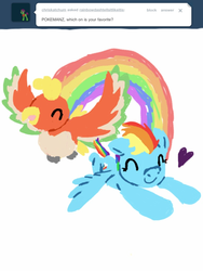 Size: 768x1024 | Tagged: safe, rainbow dash, bird, ho-oh, pegasus, pony, g4, ask, cute, dashabetes, eyes closed, female, flying, heart, mare, open mouth, pokémon, rainbow, rainbowdashtellsitlikeitis, smiling, spread wings, tumblr, wings