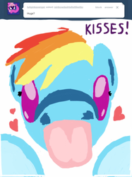 Size: 500x667 | Tagged: safe, rainbow dash, g4, ask, cute, fourth wall, heart, kisses, licking, looking at you, rainbowdashtellsitlikeitis, tongue out, tumblr
