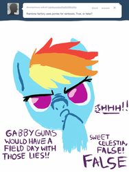 Size: 768x1024 | Tagged: safe, rainbow dash, fanfic:rainbow factory, g4, ask, female, frown, gabby gums, glare, looking at you, nose wrinkle, rainbowdashtellsitlikeitis, shhh, solo, tumblr, whispering