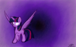 Size: 2560x1600 | Tagged: safe, artist:whispercannon, twilight sparkle, alicorn, pony, g4, dreamwalking, female, glowing eyes, mare, raised hoof, solo, spread wings, twilight sparkle (alicorn)