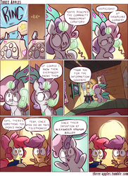Size: 944x1294 | Tagged: safe, artist:capnpea, artist:kefkafloyd, apple bloom, scootaloo, sweetie belle, earth pony, pegasus, pony, unicorn, comic:three apples, g4, bad pun, clubhouse, comic, crusaders clubhouse, female, filly, no pupils, phone