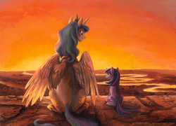 Size: 900x649 | Tagged: dead source, safe, artist:kenket, artist:spainfischer, princess celestia, twilight sparkle, alicorn, pony, unicorn, g4, both cutie marks, cute, eye contact, female, filly, filly twilight sparkle, momlestia, river, scene parody, smiling, sunset, the lion king, younger