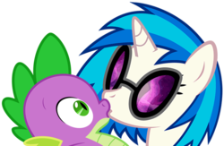 Size: 1081x706 | Tagged: safe, artist:sulyo, hundreds of users filter this tag, dj pon-3, spike, vinyl scratch, pony, unicorn, g4, kissing, love, shipping, show accurate, vinylspike