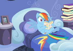 Size: 8000x5615 | Tagged: safe, artist:moonbrony, princess celestia, rainbow dash, pegasus, pony, g4, absurd resolution, bed, book, female, playboy, playcolt, rainbow dash's bedroom, reading, solo, wingboner