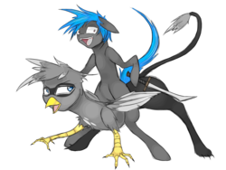 Size: 1600x1200 | Tagged: safe, artist:tipsie, oc, oc only, oc:blaze, griffon, blank flank, hoof hold, looking at you, open mouth, ponies riding griffons, riding, simple background, smiling, sword, transparent background, vector, weapon, wide eyes