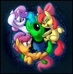 Size: 1072x1096 | Tagged: safe, artist:thedoggygal, apple bloom, scootaloo, sweetie belle, alien, g4, cutie mark crusaders