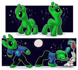 Size: 1500x1354 | Tagged: safe, artist:thedoggygal, angel bunny, oc, alien, alien pony, rabbit, g4, animal, moon, ray gun, signature