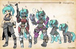 Size: 1280x828 | Tagged: safe, artist:shepherd0821, queen chrysalis, oc, oc:sleeva, changeling, human, pony, anthro, semi-anthro, unguligrade anthro, g4, anthro chart, anthro with ponies, belly button, bipedal, breasts, cleavage, crossbreed, female, gun, humanized, keychain, knife, mass effect 3, midriff, offspring, parent:queen chrysalis, weapon