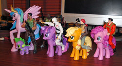 Size: 1200x648 | Tagged: safe, applejack, pinkie pie, princess celestia, spike, twilight sparkle, g4, flint, g.i. joe, humans riding ponies, merchandise, riding, roadblock, scarlett, storm shadow, toy pony cavalry