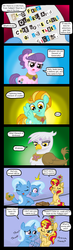 Size: 640x2205 | Tagged: safe, artist:ficficponyfic, gilda, lightning dust, sunset shimmer, suri polomare, trixie, griffon, pony, g4, comic, elements of harmony, female, irony