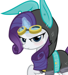 Size: 3000x3326 | Tagged: safe, artist:godoffury, rarity, pony, unicorn, g4, blushing, bunny ears, clothes, dangerous mission outfit, female, glowing horn, goggles, high res, hoodie, horn, looking at you, magic, mare, raised hoof, simple background, solo, transparent background, vector