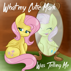 Size: 1280x1280 | Tagged: safe, artist:ambris, fluttershy, pegasus, pony, fanfic:what my cutie mark was telling me, g4, magical mystery cure, eyes closed, fanfic, female, frown, laughing, mirror, open mouth, reflection, sad, sitting, smiling, solo, swapped cutie marks