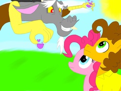 Size: 1024x768 | Tagged: safe, artist:infogirl101, cheese sandwich, discord, pinkie pie, draconequus, earth pony, pony, g4, female, heart, love poison, male, mare, shipper on deck, stallion