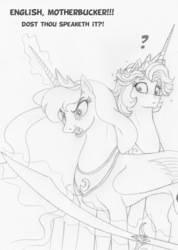 Size: 996x1400 | Tagged: safe, artist:leovictor, princess celestia, princess luna, alicorn, pony, g4, alternate hairstyle, angry, dialogue, horn, levitation, magic, monochrome, open mouth, pulp fiction, question mark, reference, sword, telekinesis