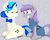 Size: 1200x968 | Tagged: safe, artist:purple-yoshi-draws, idw, boulder (g4), dj pon-3, maud pie, vinyl scratch, earth pony, pony, unicorn, g4, alternate hairstyle, bowtie, clothes, female, frown, grin, looking at each other, mare, mirror universe, mlpgdraws, out of character, personality swap, sitting, smiling, unamused, vinyl class, when she smiles