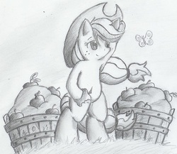 Size: 488x424 | Tagged: safe, artist:spackle, applejack, butterfly, pony, g4, apple, basket, bipedal, female, monochrome, simple background, solo, traditional art