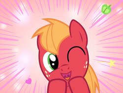 Size: 1600x1200 | Tagged: safe, artist:s.guri, big macintosh, earth pony, pony, g4, americano exodus, cute, happy, heart, looking at you, macabetes, male, open mouth, parody, smiling, solo, stallion, stars, uvula, vector, wink