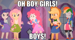 Size: 631x344 | Tagged: safe, applejack, fluttershy, pinkie pie, rainbow dash, rarity, equestria girls, g4, exploitable meme, homestar runner, image macro, mane six, meme, pinkie has a crazy idea, teen girl squad