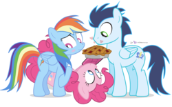 Size: 950x588 | Tagged: safe, artist:dm29, pinkie pie, rainbow dash, soarin', g4, blushing, crush, cute, female, heart, male, pie, pie seduce, pun, ship:soarindash, shipper on deck, shipping, simple background, soarin' gets all the mares, soarinpie, straight, that pony sure does love pies, transparent background, trio